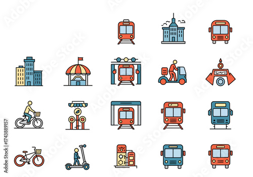 City icon set train bus bicycle scooter buildings booth delivery vehicle gas station wayfinding sign