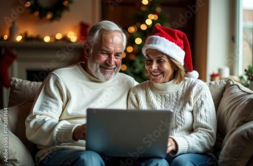 Elderly couple enjoying quality time together while using a laptop, surrounded by festive decorations, creating a warm holiday atmosphere