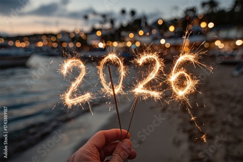 Hand holding sparklers forming the year 2026 at twilight near the beach, with blurred lights and water creating a festive atmosphere for celebration