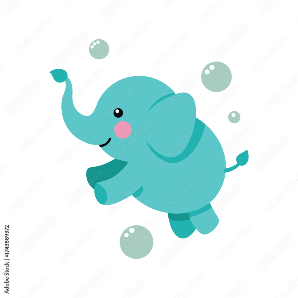 Fototapeta premium Turquoise elephant jumping with bubbles animal cartoon