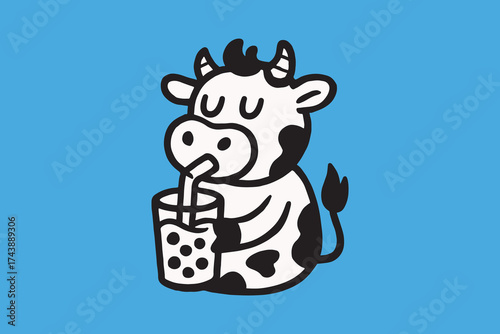 Cow Sipping Boba in Blue Bliss