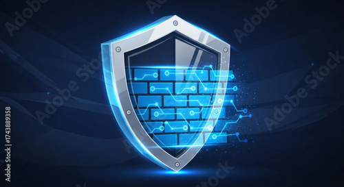 Cybersecurity shield with brick wall pattern representing firewall protection against online threats and data breaches for secure digital environment