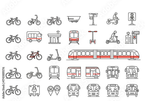 Graphic icons of transportation including bikes buses scooters and trains displayed on a white background
