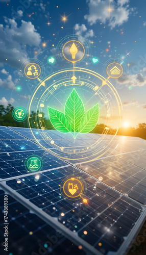 Futuristic solar panels emitting holographic glow and green vector icons, hybrid mix of photo realism and graphic eco overlay design.