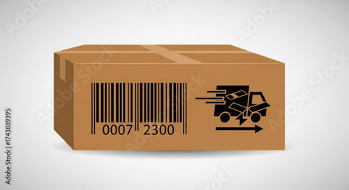 Cardboard box with shipping label and barcode, symbolizing package delivery and logistics, for ecommerce and transportation