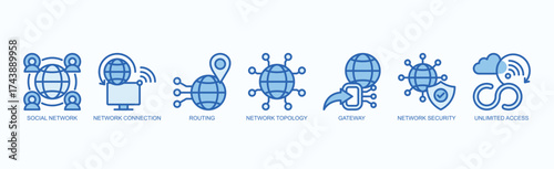 Boundless Network Icon Set Isolated Vector With Icon Of Social Network, Network Connection, Routing, Network Topology, Gateway, Network Security, Unlimited Access In Blue Style