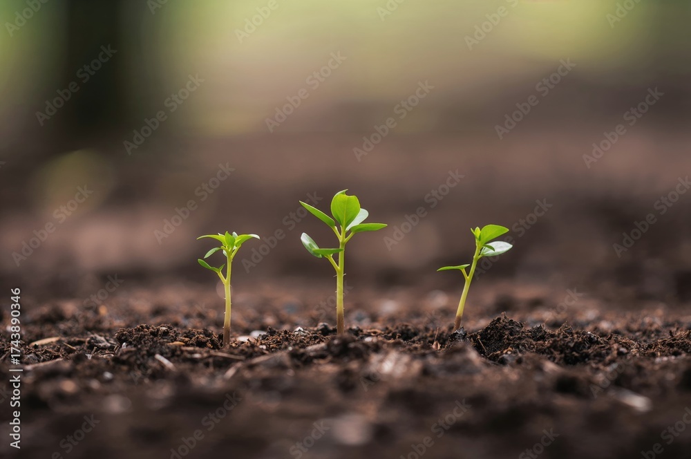 Fototapeta premium Three young green plants sprouting from the earth