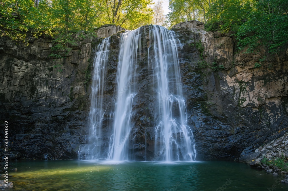 Fototapeta premium A cascade flowing over stones during the summer season