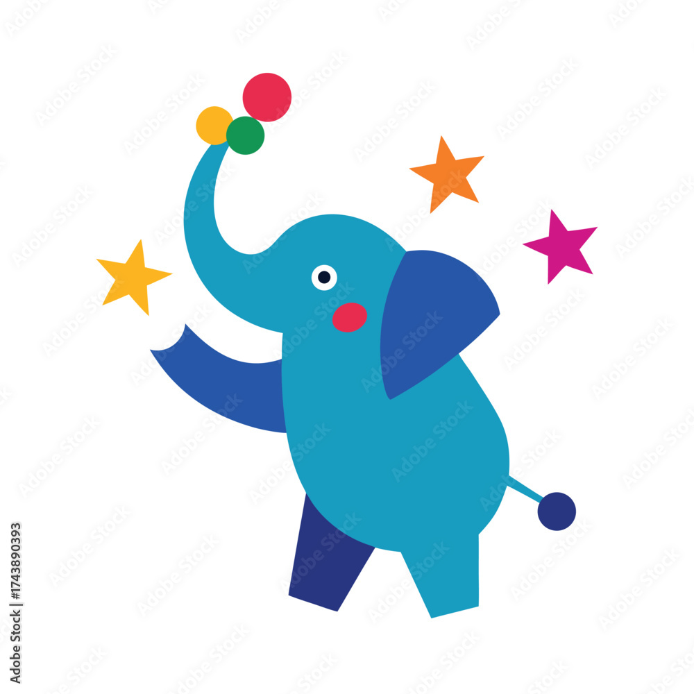 Fototapeta premium Blue cartoon elephant juggling balls with stars illustration