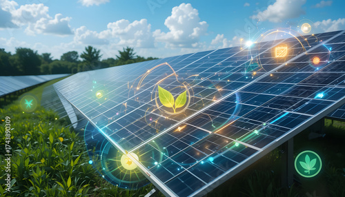 Solar panels under sunlight with glowing holographic eco icons and circular green arrows, futuristic renewable energy concept, clean hybrid theme.