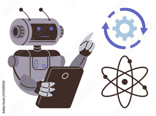 Robot using a tablet with gear and atom icons representing AI, automation, research, science, education, technology, and innovation. Ideal for tech concepts learning or futuristic themes. Clean