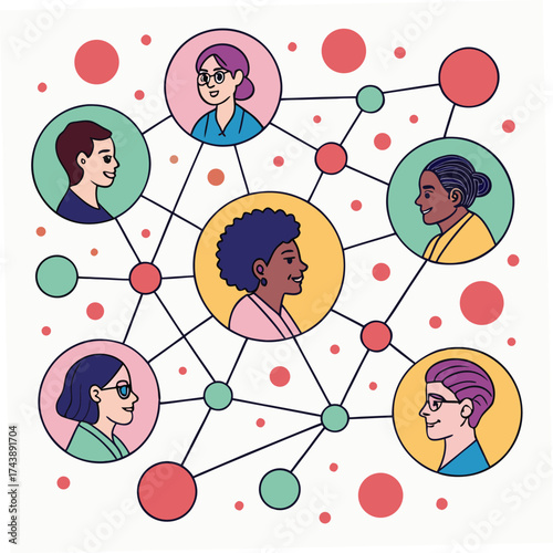 Diverse group connected by lines and circles features people looking to the side