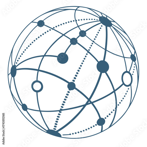 Spherical network illustration features dots and lines, highlighting global connectivity on a transparent background