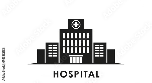 Illustration of a hospital building with a cross on top, represents healthcare, medicine, and emergency services for the community