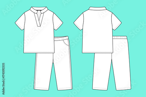 Kids V-Neck Placket Top and Full-Length Trousers Set Fashion Technical Flat Sketch CAD Template.