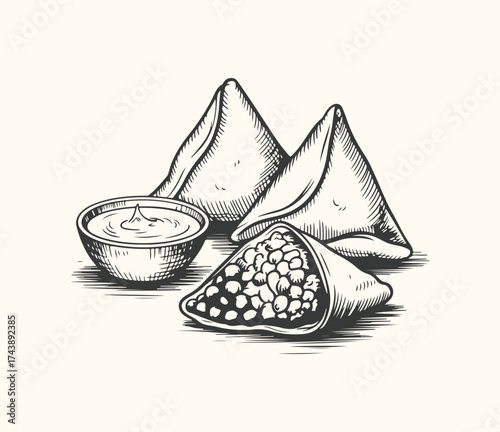 Vector art of handdrawn illustration of traditional triangular samosas with a small bowl of dipping sauce, showcasing a cut samosa revealing a savory filling