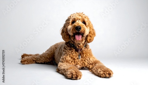 A happy golden doodle dog lying down on a white background.