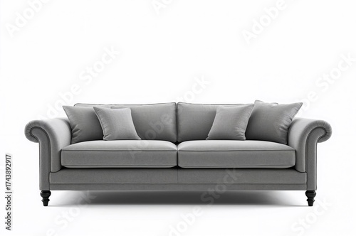 Front perspective of a classic two-seater sofa featuring armrests and cushions, set against a plain white backdrop with mid-back support on a grey linen couch bed.