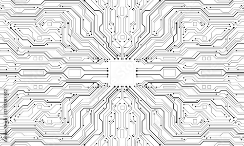 Abstract black circuit board technology connected lines electronics elements computer motherboard chip processor semiconductor digital on white background vector