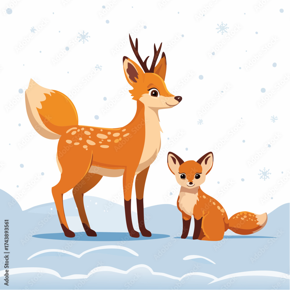 Fototapeta premium Das Rehkitz und das Fuchsbaby stehen nebeneinander auf einem verschneiten Feld.