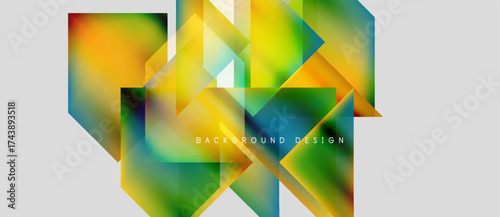 Abstract geometric shapes, vibrant colors blend. Modern design, dynamic composition, gradient effects create visual interest. Background texture appears layered.
