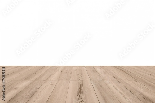 Perspective view of wooden flooring with light sepia brown texture against a white wall, ideal for interior design and decorative backgrounds