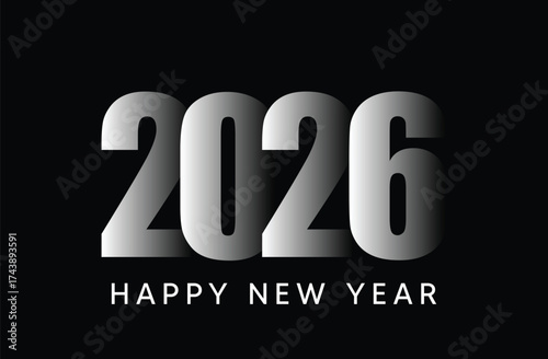 Elegant 2026 Happy New Year silver metallic text on dark background