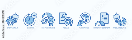 Team Performance Icon Set Isolated Vector With Icon Of Creative Team, Overtime, High Performance, Resume, Participating, Performance Report, Problem Solving In Blue Style