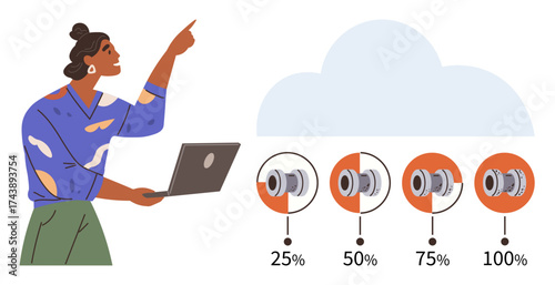 Woman gestures while viewing a cloud data visualization with four disk storage icons labeled as percentages. Ideal for data management, analytics, cloud computing, storage optimization, technology