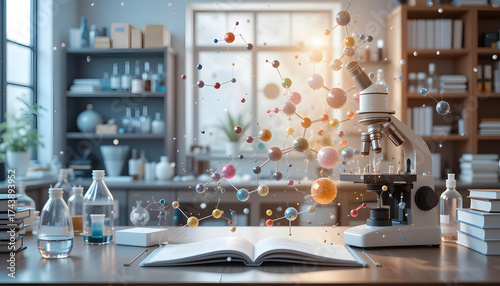 Cutting-edge research background with glowing chemical bonds and microscope detail, futuristic study concept.