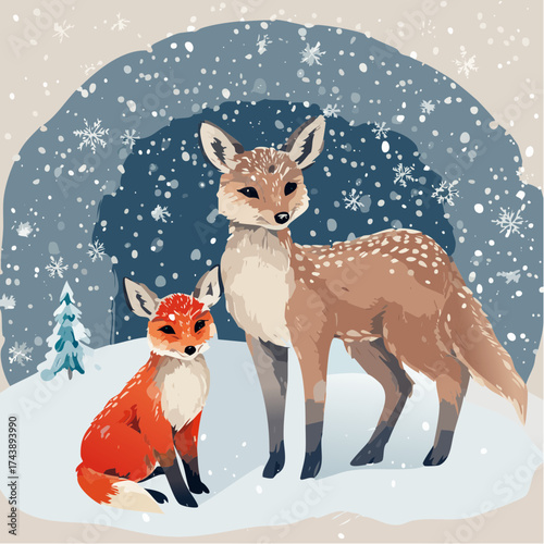 Das Rehkitz und das Fuchsbaby stehen nebeneinander auf einem verschneiten Feld.