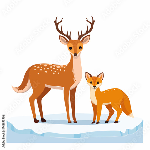 Das Rehkitz und das Fuchsbaby stehen nebeneinander auf einem verschneiten Feld.