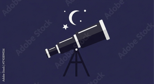 A vector illustration of a telescope pointed towards a crescent moon and a star in a dark blue night sky, representing astronomy and exploration
