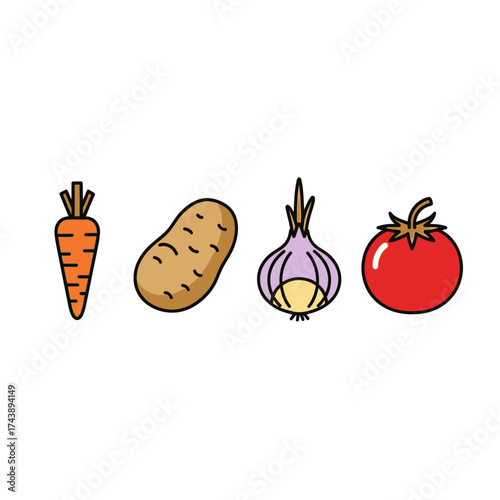 Illustration of fresh vegetables including carrot, potato, onion, and tomato isolated on white background