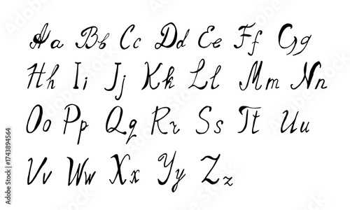 Alphabet is handwritten in black pen scrawl on white background. Doodle style English letters are uppercase and small in primitive style.
