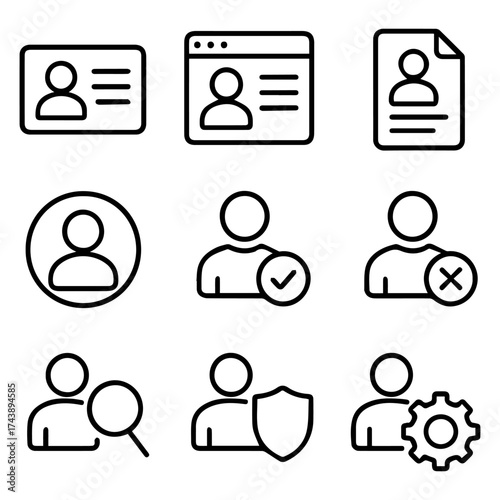Collection of Nine Bold Line Icons Depicting User Profiles and Account Management.