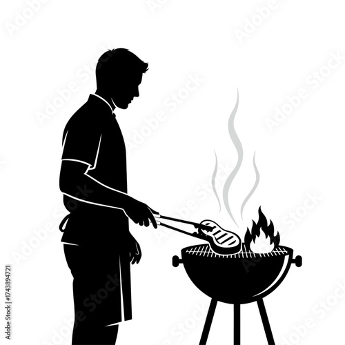 Silhouette of man grilling steak on barbecue isolated on white background summer activity
