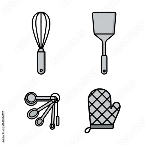 Kitchen utensils isolated on white background whisk, spatula, measuring spoons and oven mitt icon