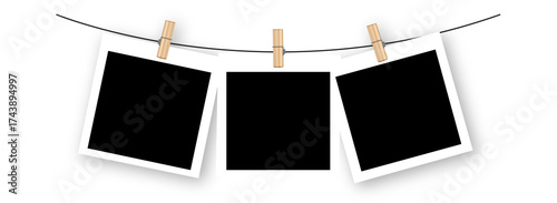Mockup photo frame hanging on a rope with wooden clothespins Black blank square template for photo display. Scrapbook design, memory board. Vintage style isolated on transparent background