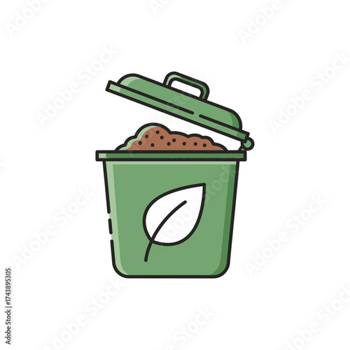 Green compost bin with organic waste isolated on white background, vector infographic element