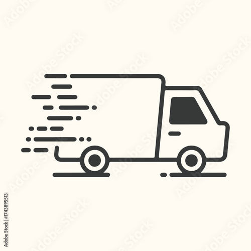 Vector art of speedy delivery truck icon with motion lines, representing fast shipping and logistics services, isolated on a light cream background