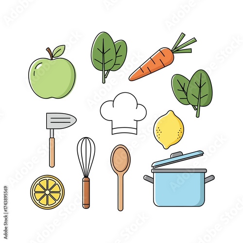Cooking ingredients and utensils isolated on white background healthy food preparation concept