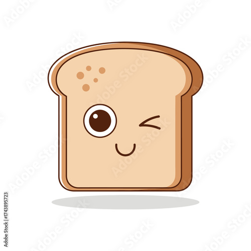 Cute slice of bread cartoon character winking isolated on white background food vector illustration