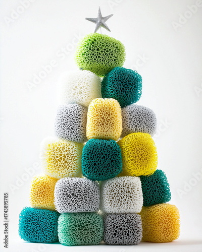 Christmas tree decorated with colorful eco bath loofah sponges surreal modern holiday design clean white background