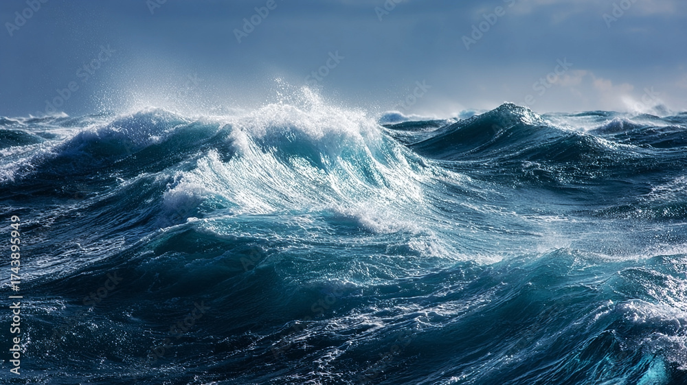 Fototapeta premium Close-up view of shimmering ocean waves. Sun rays of breathtaking beauty play on the wavy surface of the ocean. Natural background. Sea or ocean waves in windy weather. Close-up of water surface