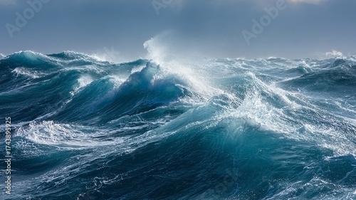Close-up view of shimmering ocean waves. Sun rays of breathtaking beauty play on the wavy surface of the ocean. Natural background. Sea or ocean waves in windy weather. Close-up of water surface