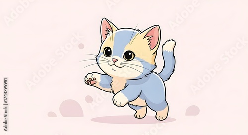 Cute cartoon kitten with blue and cream fur on pastel background