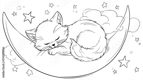 adorable kitten curled up sleeping on crescent moon with stars, cute vector line art, clean outline, black and white coloring page