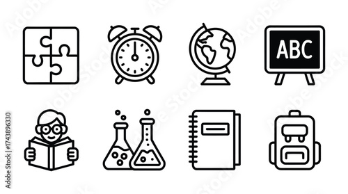 Education school line icons study learning teacher science notebook globe student vector