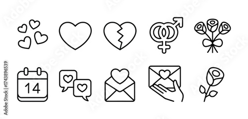 Valentine love line icons heart romance gift flower couple date relationship vector
